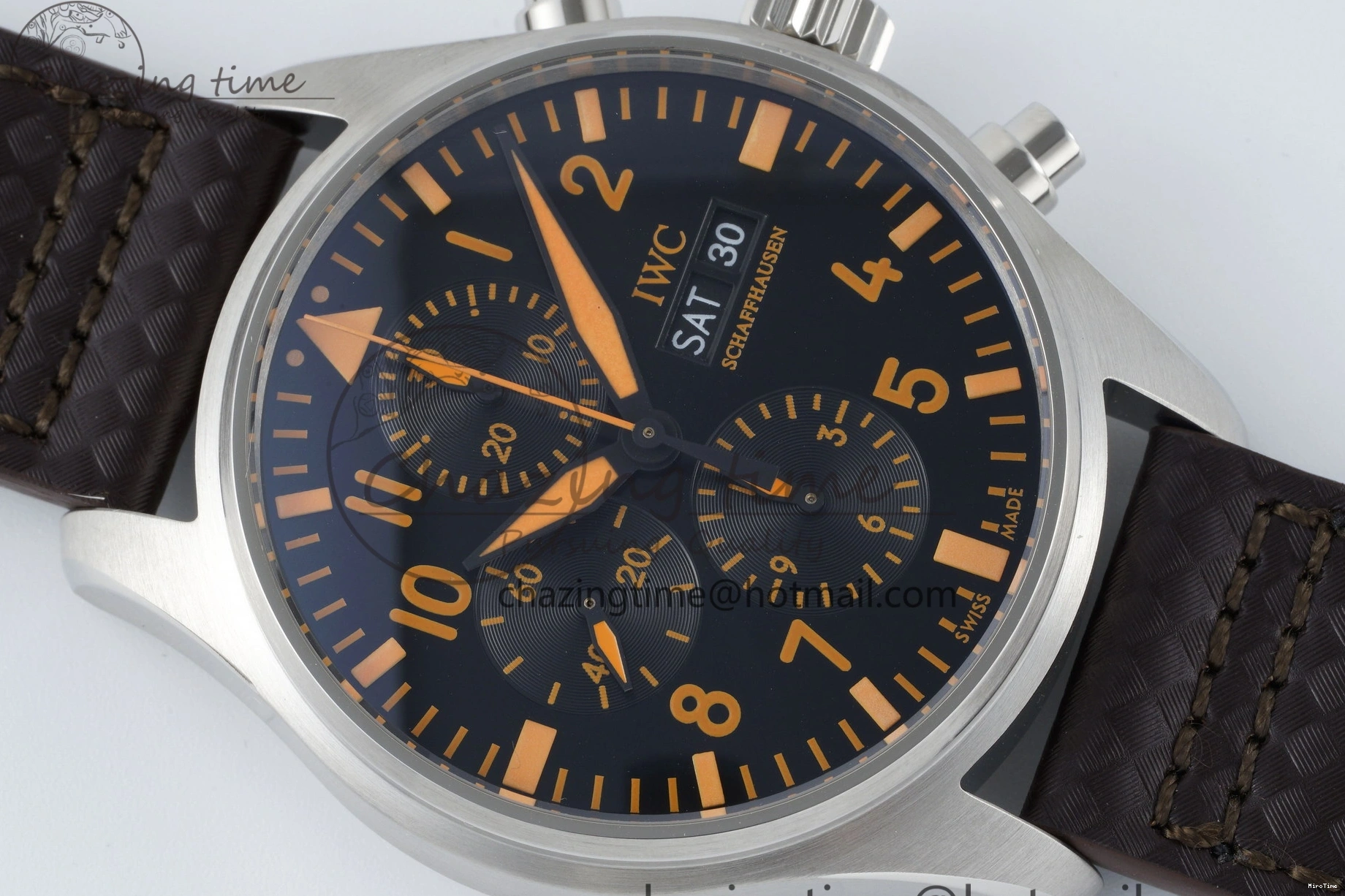 MIROTIME 0126 Pilot Chrono SS AZF 1:1 Best Edition Black Dial Orange Markers on Brown Leather Strap A EasyCare 7065